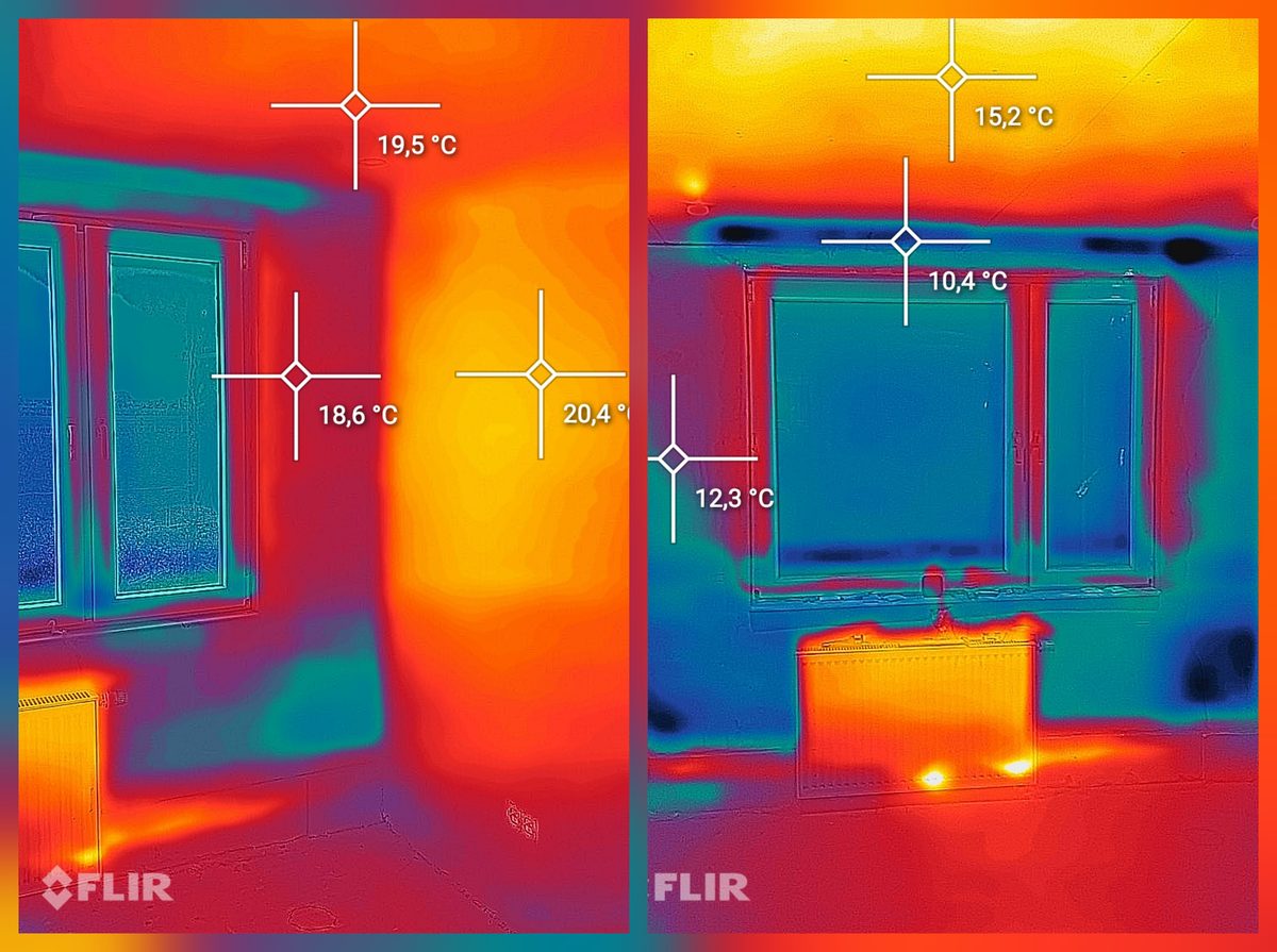 Dvi gyvenamojo kambario šiluminės nuotraukos greta. Dešinėje šalti matavimo taškai 15,2, 10,4 ir 12,3 laipsnio ant sienos ir lango sąramos, kairėje ta pati vieta su 19,5, 18,6 ir 20,4 laipsnio.